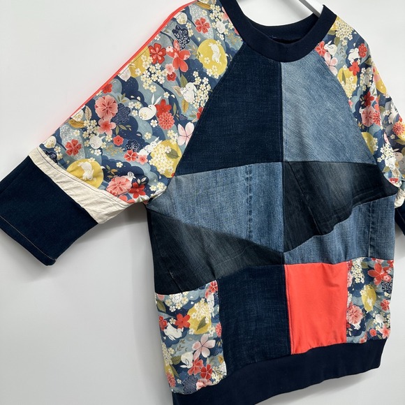 Vintage Upcycled Patchwork Top Shirt Size L XL Boho‎ Artsy Eclectic Denim Grunge - Picture 2 of 9